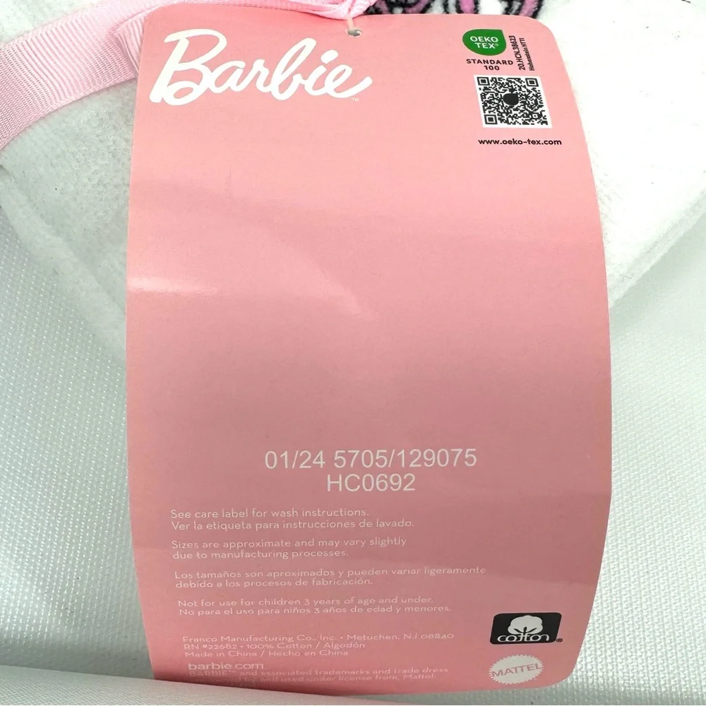 Barbie 2-pack hand towels white w pink Barbie logo, star & heart designs NWT
